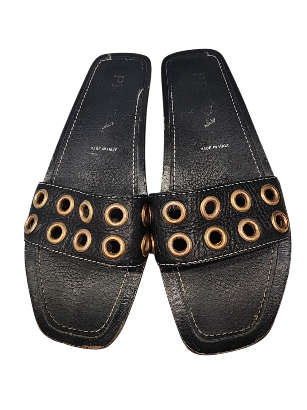 Prada Black Leather Square-Toe Slide Sandals